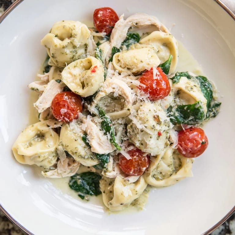 Savory cheese tortellini tossed with juicy chicken in a rich basil pesto cream sauce, bubbling in a skillet.