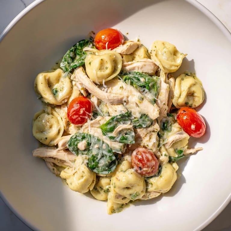 Close-up view of a cheesy pesto tortellini skillet featuring rotisserie chicken, cherry tomatoes, and wilting spinach.