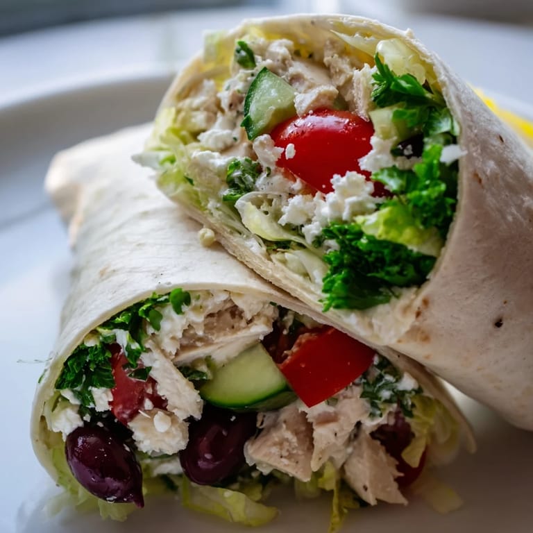 Sliced Greek Lemon Chicken Salad Wrap on a wooden board, revealing tangy feta and fresh Mediterranean vegetables.
