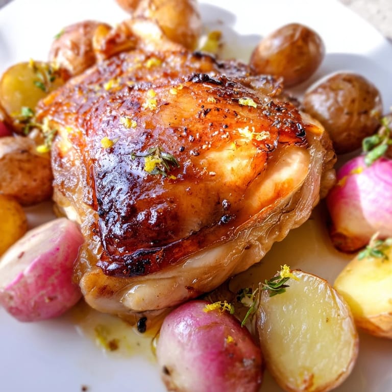 A close-up of the Roasted Radish & Chicken Sheet Pan with golden chicken thighs and roasted radishes, finished with fresh parsley.