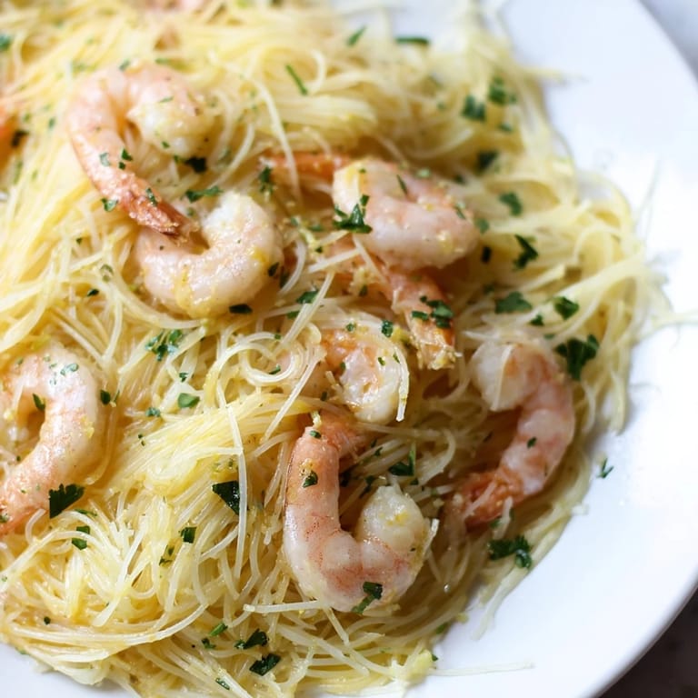 Sizzling skillet shrimp with garlic, red pepper flakes, and lemon butter tossed through angel hair pasta, finished with chopped parsley.