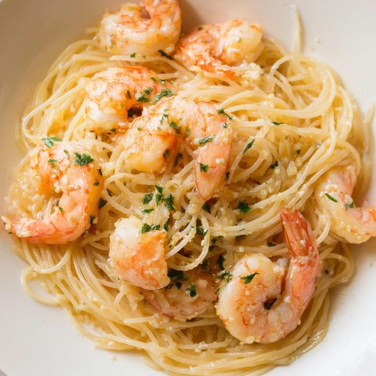 Plump, pink shrimp sautéed with garlic and lemon butter rest atop angel hair, with lemon wedges ready for serving.