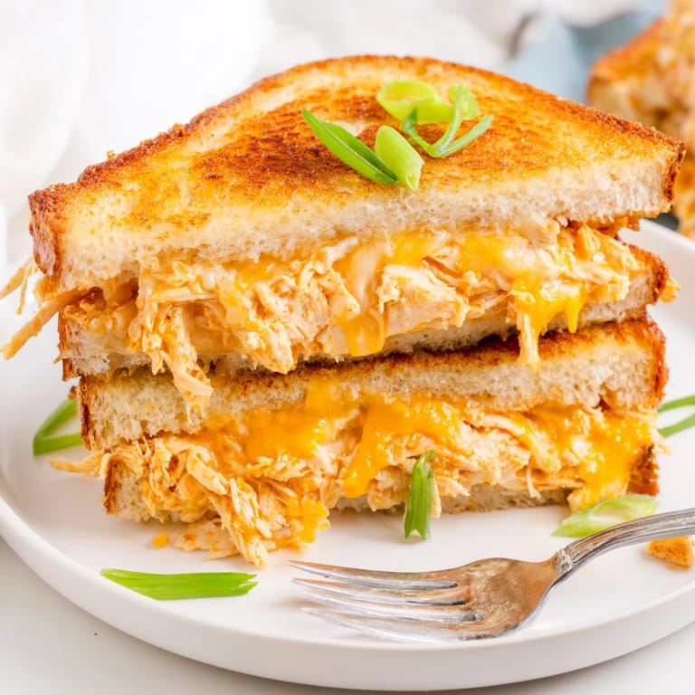 Toasted Buffalo Chicken Ranch Grilled Cheese sandwich cut diagonally, revealing layers of spicy buffalo chicken, sharp cheddar, and creamy ranch.