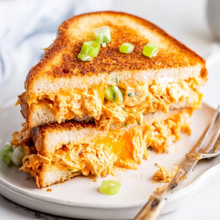 Close-up of Buffalo Chicken Ranch Grilled Cheese on a cutting board, melted cheese pull and garnished with fresh green onions.