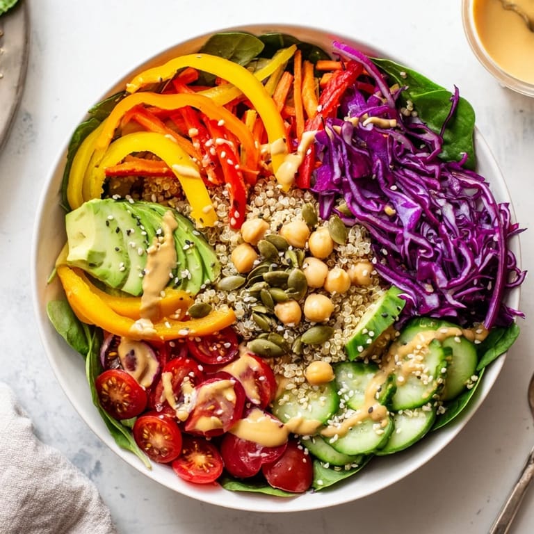 Colorful Rainbow Buddha Bowl featuring fluffy quinoa, fresh vegetables, and a tahini drizzle.