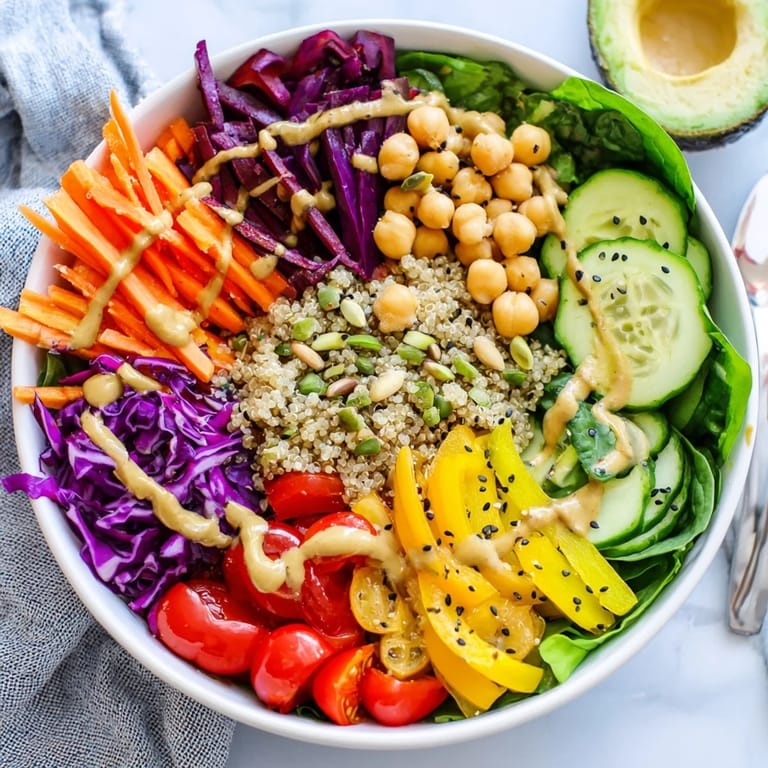 Delicious Rainbow Buddha Bowl with quinoa piled high with colorful, nutritious toppings.
