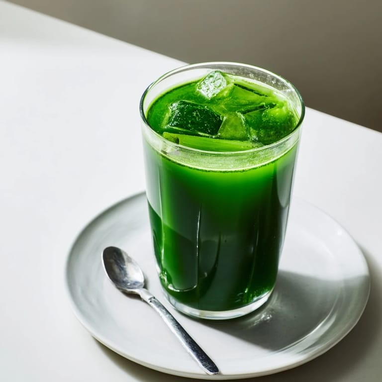 The fresh Cabbage and Kale Detox Juice is garnished with celery sticks, highlighting its crisp, hydrating, and nutrient-rich ingredients.  