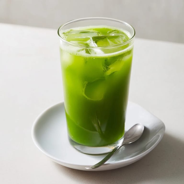 In a bright kitchen, the Cabbage and Kale Detox Juice is served over ice, offering a refreshing green detox beverage.