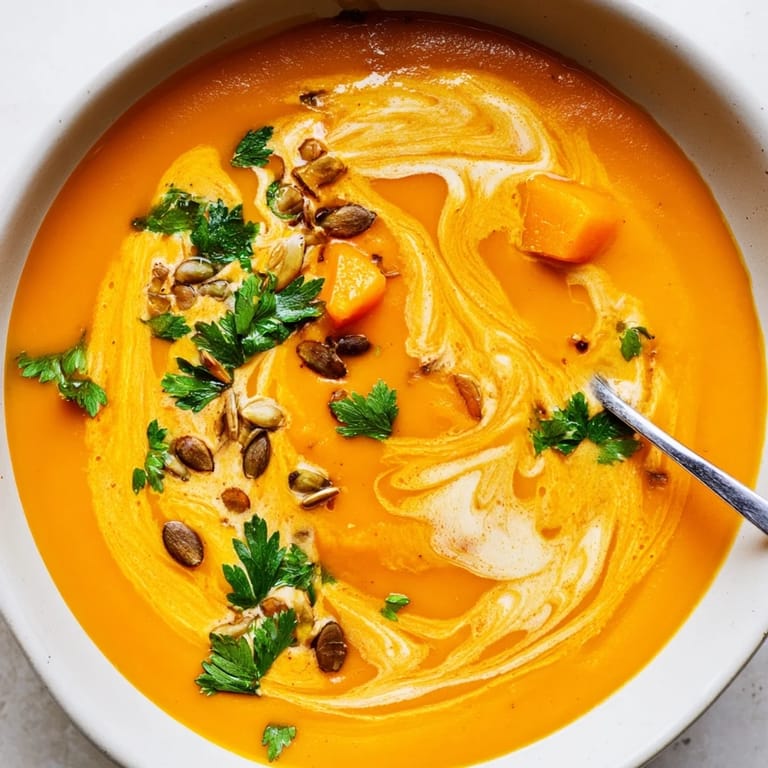 Golden-roasted butternut squash soup served in a rustic bowl, ready for a cozy winter meal.