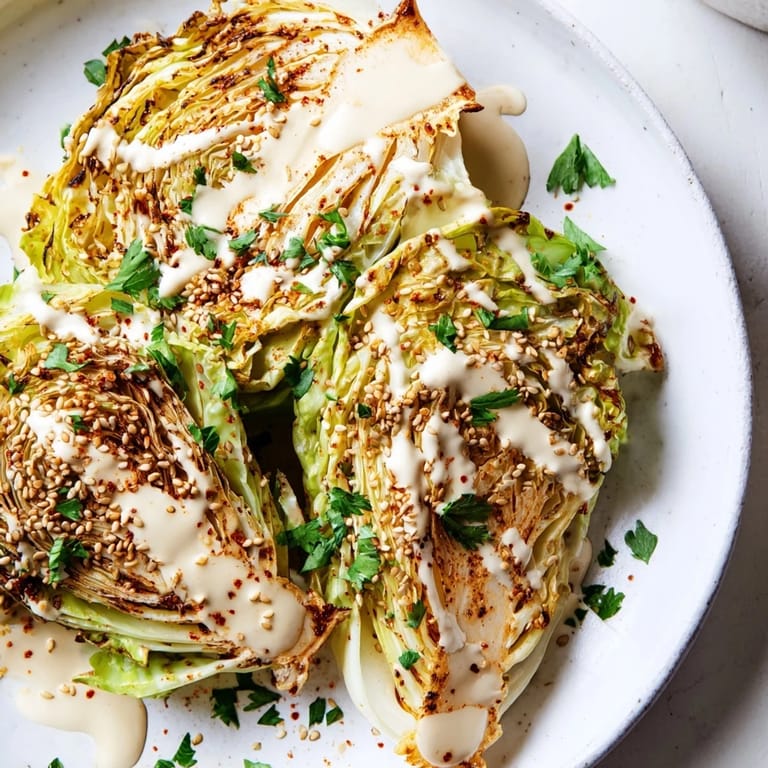 Vibrant roasted cabbage wedges served warm on a white plate, drenched in creamy tahini sauce with fresh cilantro and lemony aroma.
