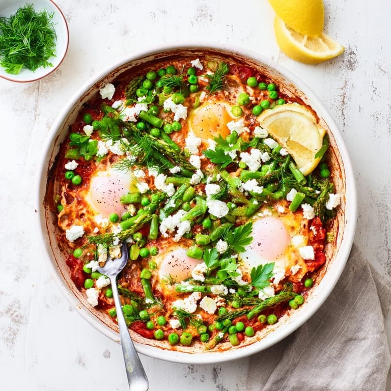 Springtime Pea and Broad Bean Shakshuka, a colorful, savory breakfast dish with runny yolks.