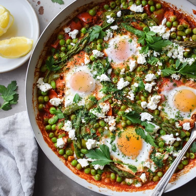 Enjoy this easy Pea and Broad Bean Shakshuka served hot with crusty bread.