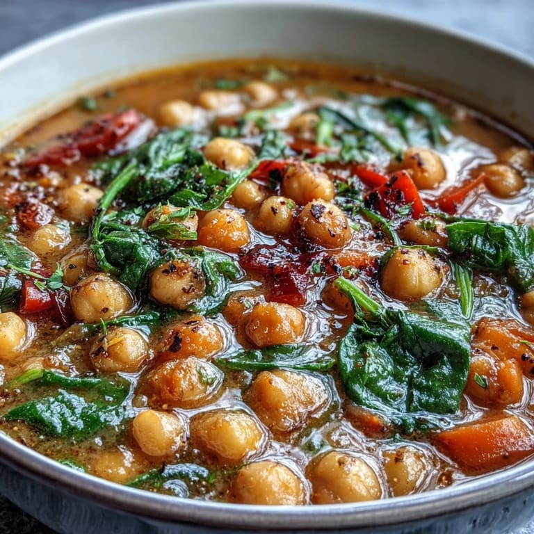 Hearty spicy chickpea stew simmering in a pot with visible spices, diced tomatoes, and vibrant vegetables ready to serve.
