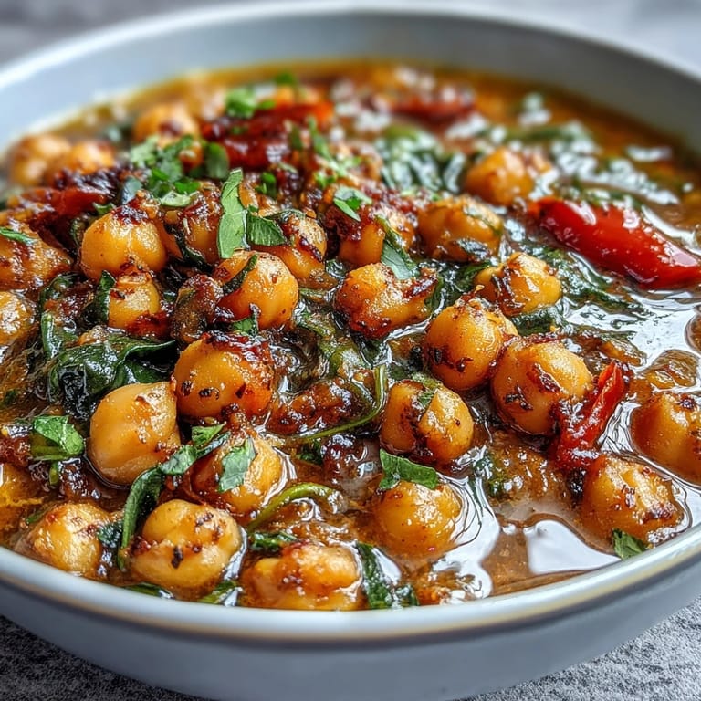 Warm, fragrant spicy chickpea stew in a rustic bowl, lemon wedge and crusty bread on the side for dipping.