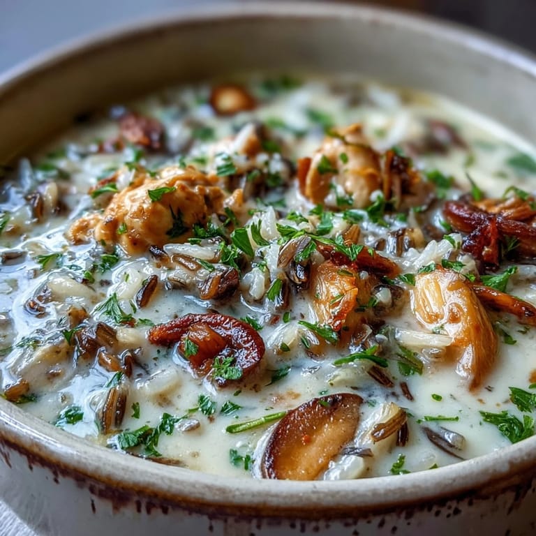 A comforting bowl of Parmesan Mushroom Chicken and Wild Rice Soup served with crusty bread, ready for a cozy dinner.