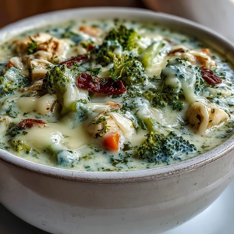 Close-up of Best Chicken Broccoli Cheddar Soup showing velvety texture, chunks of chicken, and crisp broccoli stems, ideal for comforting winter dinners.