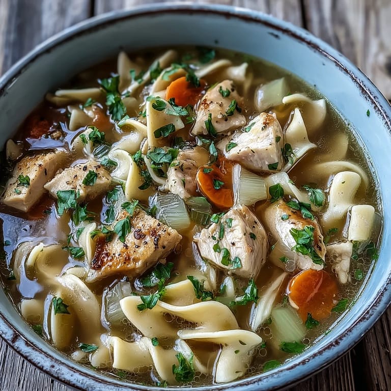 Close-up of Chicken Noodle Soup, steam rising from egg noodles and herbs in a rustic mug.