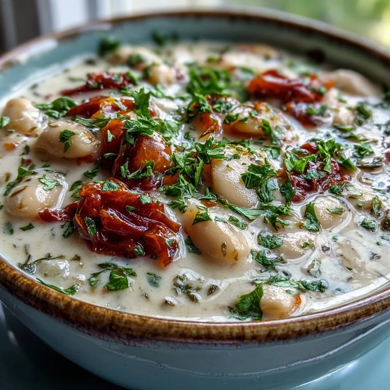 A ladle pours smooth white bean soup with tomato into a bowl next to crusty bread on a wooden table.
