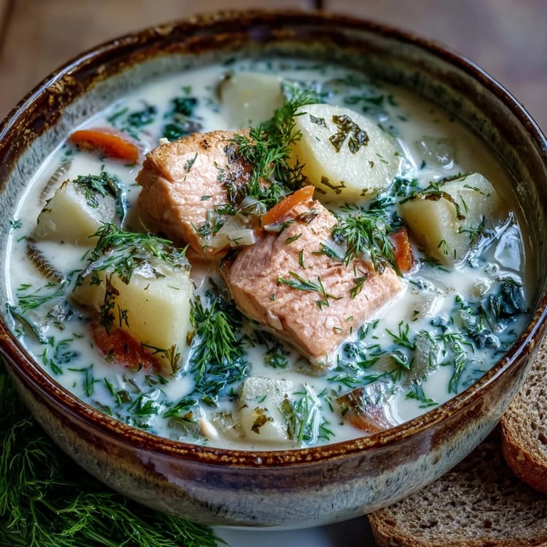 Bright bowl of Finnish Salmon Soup garnished with dill, featuring soft potatoes and carrots in a creamy broth.