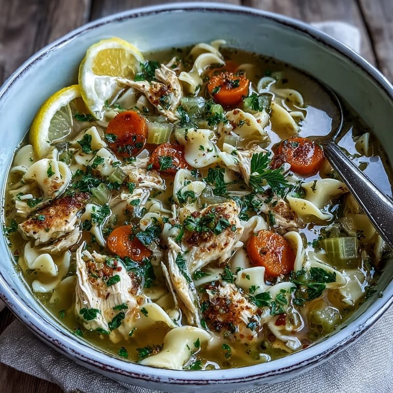 Spoon lifting a bite of Chicken and Noodle Soup from a cozy bowl, with fresh parsley, wide egg noodles, and vegetables visible.
