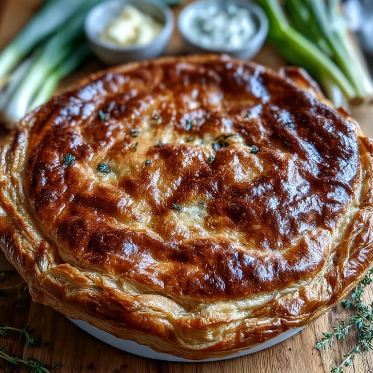 Close-up of Chicken and Leek Pie revealing a creamy sauce with tender chunks of chicken, sautéed leeks, and crispy bacon bits under a puff pastry lid.