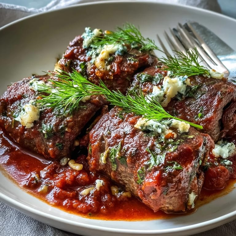 Savory Sicilian-Style Braciole rolls stuffed with pine nuts and raisins resting in a deep ceramic dish.