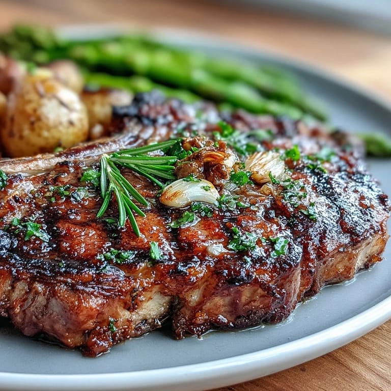 Close-up of perfectly medium-rare grilled bone-in rib eye steak with fresh rosemary and garlic on top.