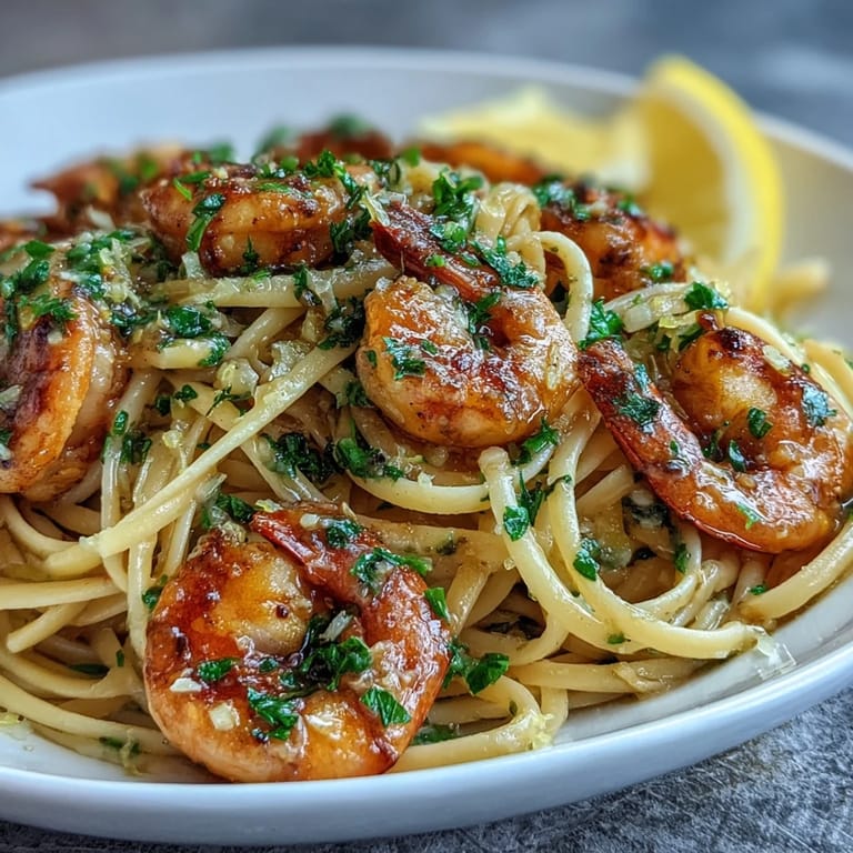 Tender shrimp and linguine coated in a glossy garlic butter sauce garnished with chopped parsley in Shrimp Scampi.