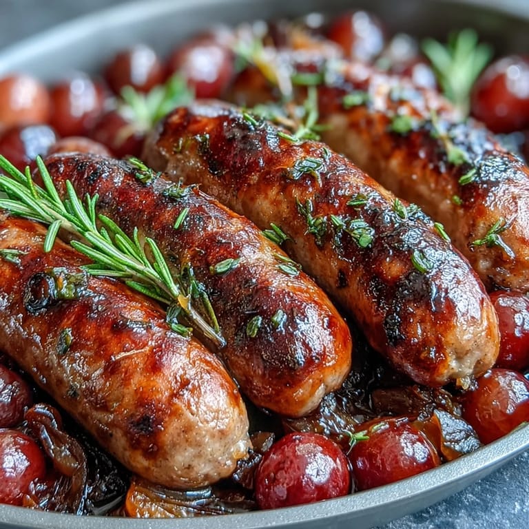 Roasted Sausage and Grapes plated hot, ready to serve with crusty bread or creamy polenta for a cozy meal.