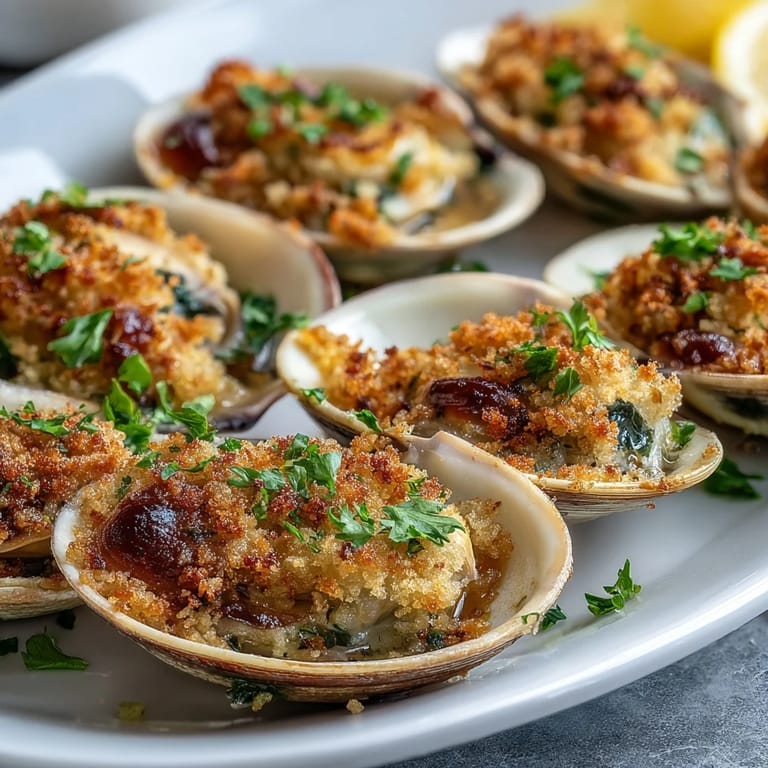 Close-up of golden-brown Roasted Clams With Lemony Panko topped with breadcrumbs and herbs, served with lemon wedges on the side.