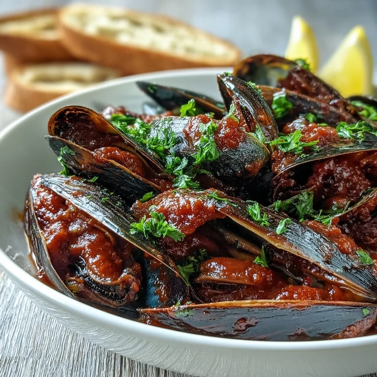 A close view of smoky mussels pomodoro, glistening in a rich tomato wine broth, finished with chopped parsley and fresh lemon. 
