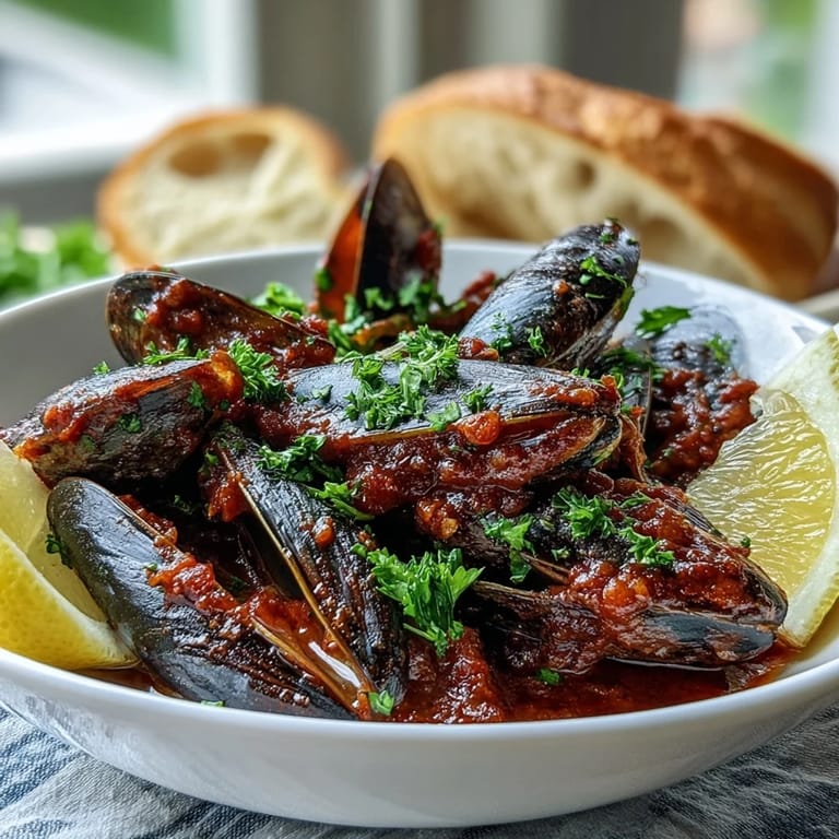 Ready-to-serve smoky mussels pomodoro in a Dutch oven, beside grilled sourdough for dipping into the smoky, garlicky sauce.