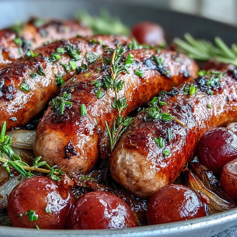 Italian-inspired Roasted Sausage and Graves just out of the oven, juicy sausages nestled among bubbly, caramelized grapes and onions.