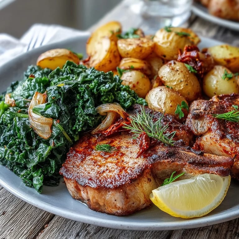 A close-up of Aleppo Pork Chops reveals smoky pimentón crust and juicy interiors with roasted potatoes.