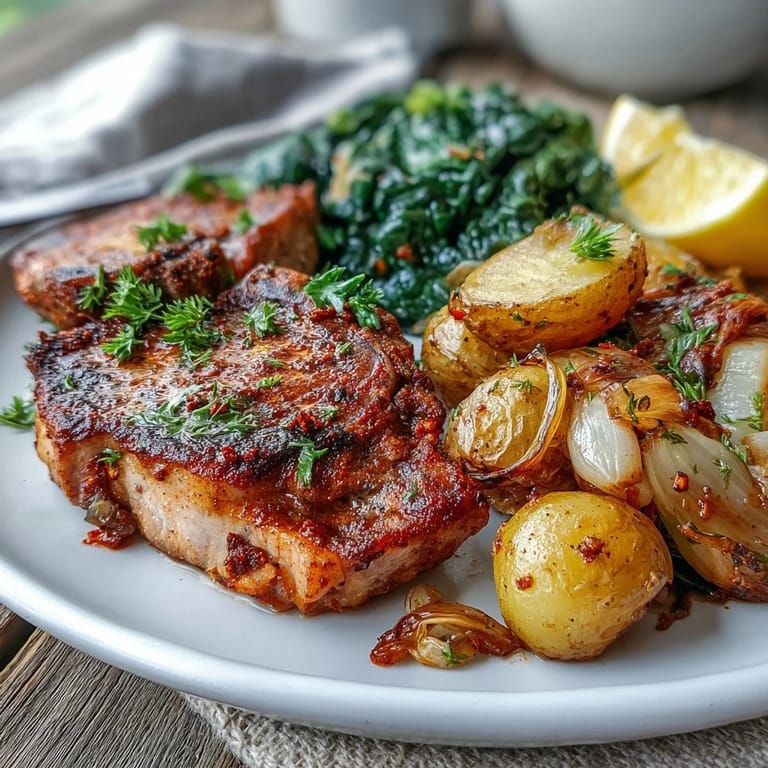 Juicy Aleppo Pork Chops paired with crispy potatoes and garlicky kale, ready for a hearty family dinner.