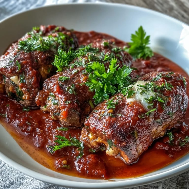 Tender Sicilian-Style Braciole slices served over pasta, garnished with parsley and extra Pecorino cheese.