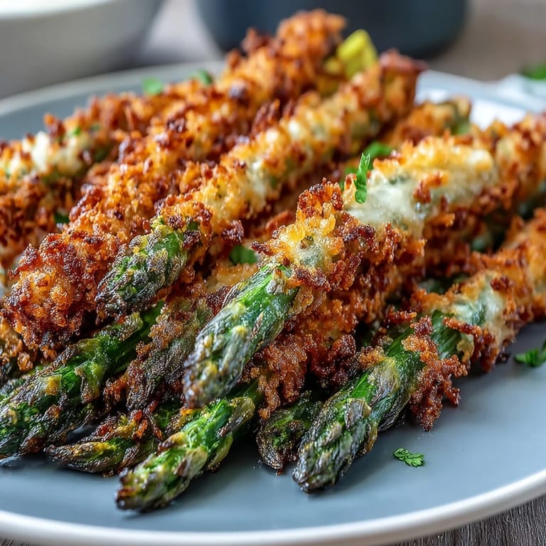 A close-up of Crispy Asparagus Asiago Spears highlighting the golden, crunchy texture of the panko and cheese coating. Fresh parsley garnish and a side of lemon-garlic yogurt sauce add vibrant color and flavor contrast.