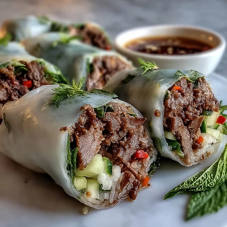 Dipping a fresh Thai Basil Beef Roll into a spicy, tangy fish sauce dip, showcasing the tender beef and vibrant veggies.
