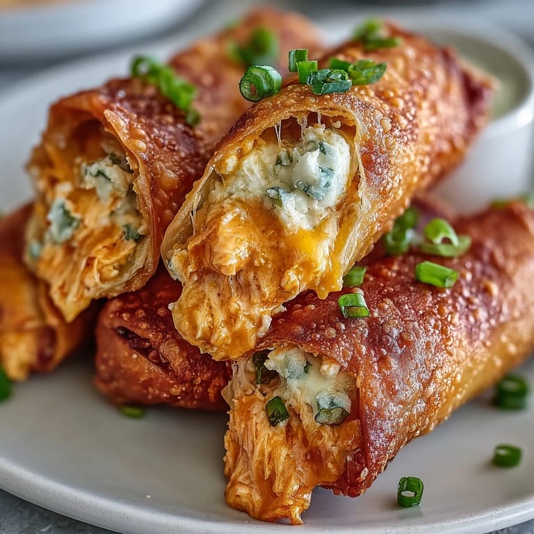 Crunchy egg roll wrappers stuffed with spicy buffalo chicken dip and melty cheddar cheese.