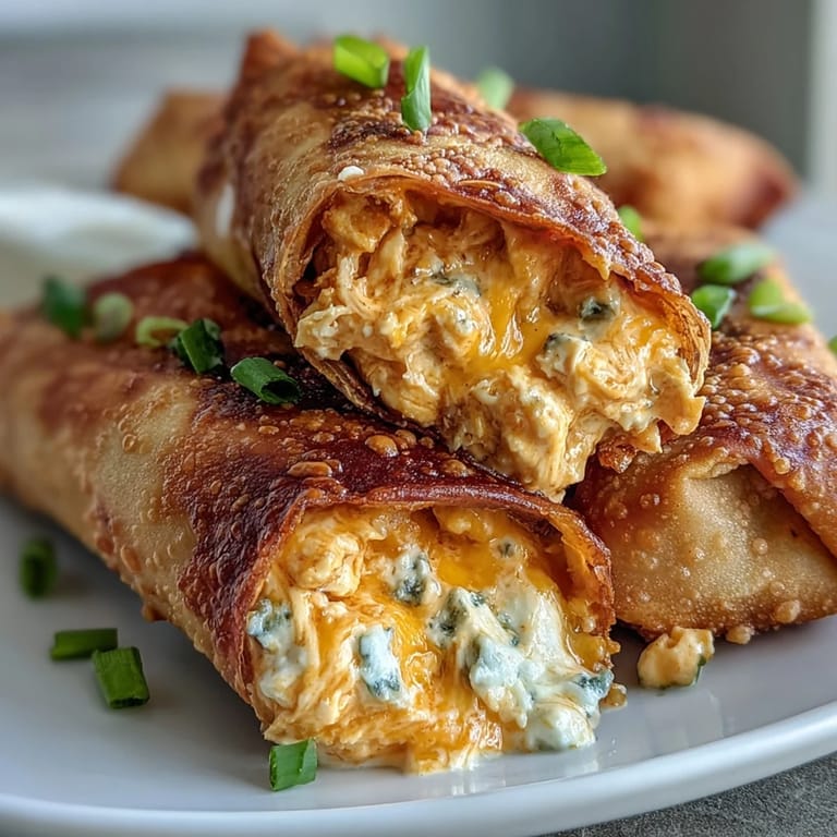 Freshly fried Buffalo Chicken Dip Egg Rolls next to crisp celery sticks for a classic pairing.