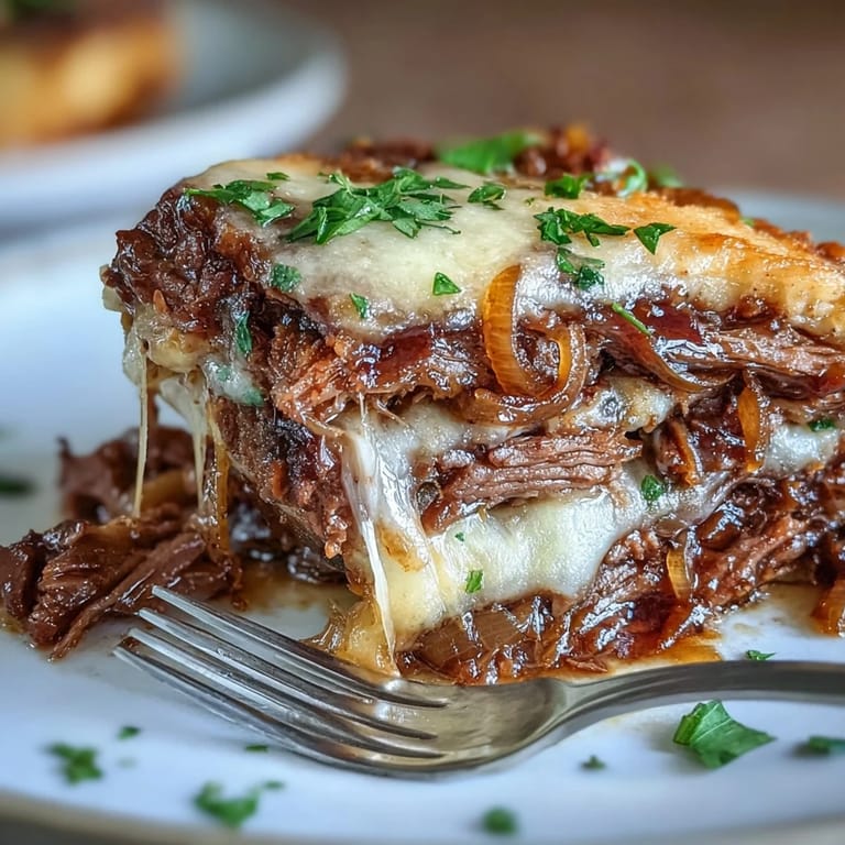 A hearty Savory Crock Pot French Onion Pot Roast serving over mashed potatoes with rich, caramelized onions.