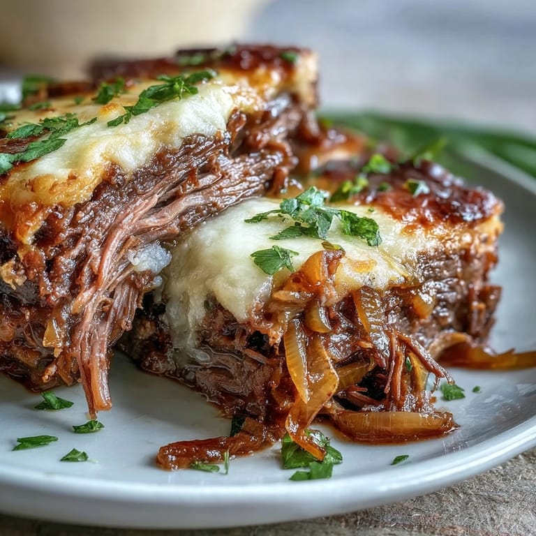Tender Savory Crock Pot French Onion Pot Roast garnished with thyme and a side of crusty French bread.
