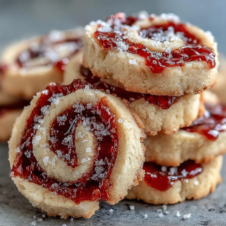 Four Raspberry Swirl Shortbread Cookies plated with tea, powdered sugar dusting, and fresh raspberries.