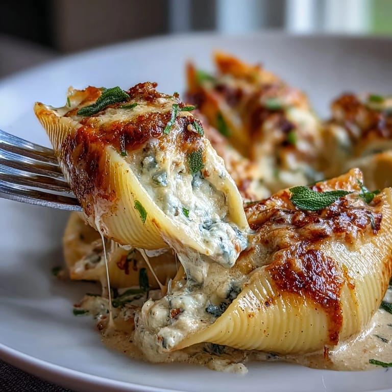 Close-up of Pumpkin & Gouda Stuffed Shells with creamy filling and bubbling brown butter Alfredo sauce.