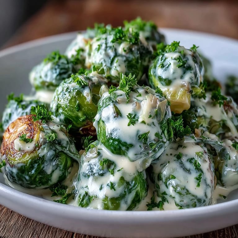 Tender Brussels sprouts coated in a silky cream cheese mustard sauce, served warm from a skillet.