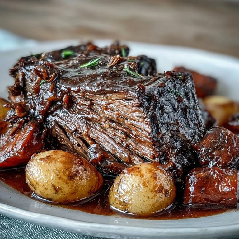 Hearty gluten-free beef pot roast plated with buttery vegetables, fresh parsley garnish, and ladle of glossy pan sauce ready to serve.