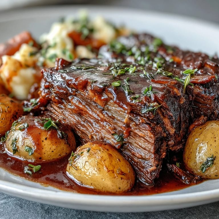 Slow-braised beef pot roast with baby potatoes and carrots steaming in herb-infused broth beside sliced crusty bread for dipping.