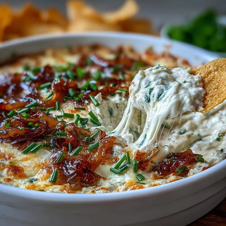 Creamy Smoked Gouda & Onion Dip with chips and crisp veggies on a rustic table.