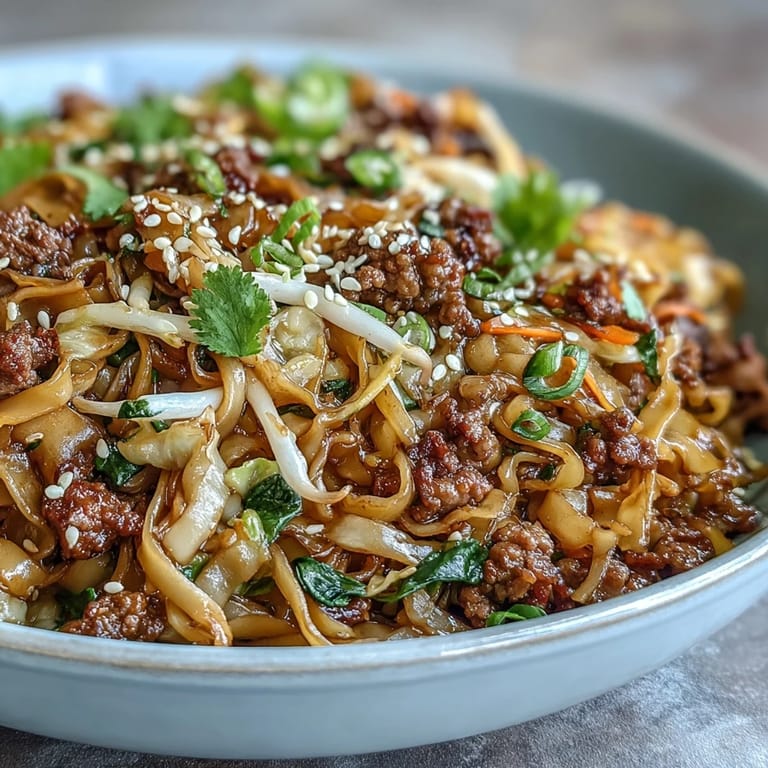 Crisp vegetables and fresh herbs garnish a warm serving of Potsticker Noodle Bowls, showcasing tender noodles mixed with savory pork.