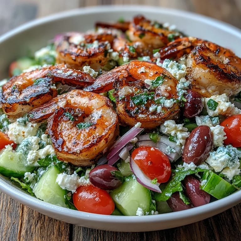 Colorful Greek Shrimp Bowl features juicy grilled shrimp, creamy feta, Kalamata olives, and fresh veggies drizzled with zesty lemon dressing.